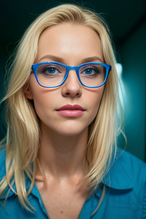 (close-up editorial photo of 20 yo woman, blonde hair and blue eyes, slim American sweetheart, eyewear view, glasses, pov,...
